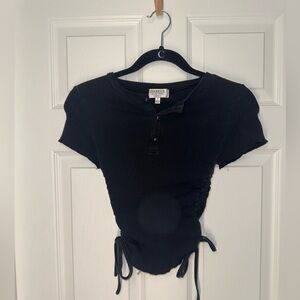 Drawstring Ruched Black Ribbed Women's Top